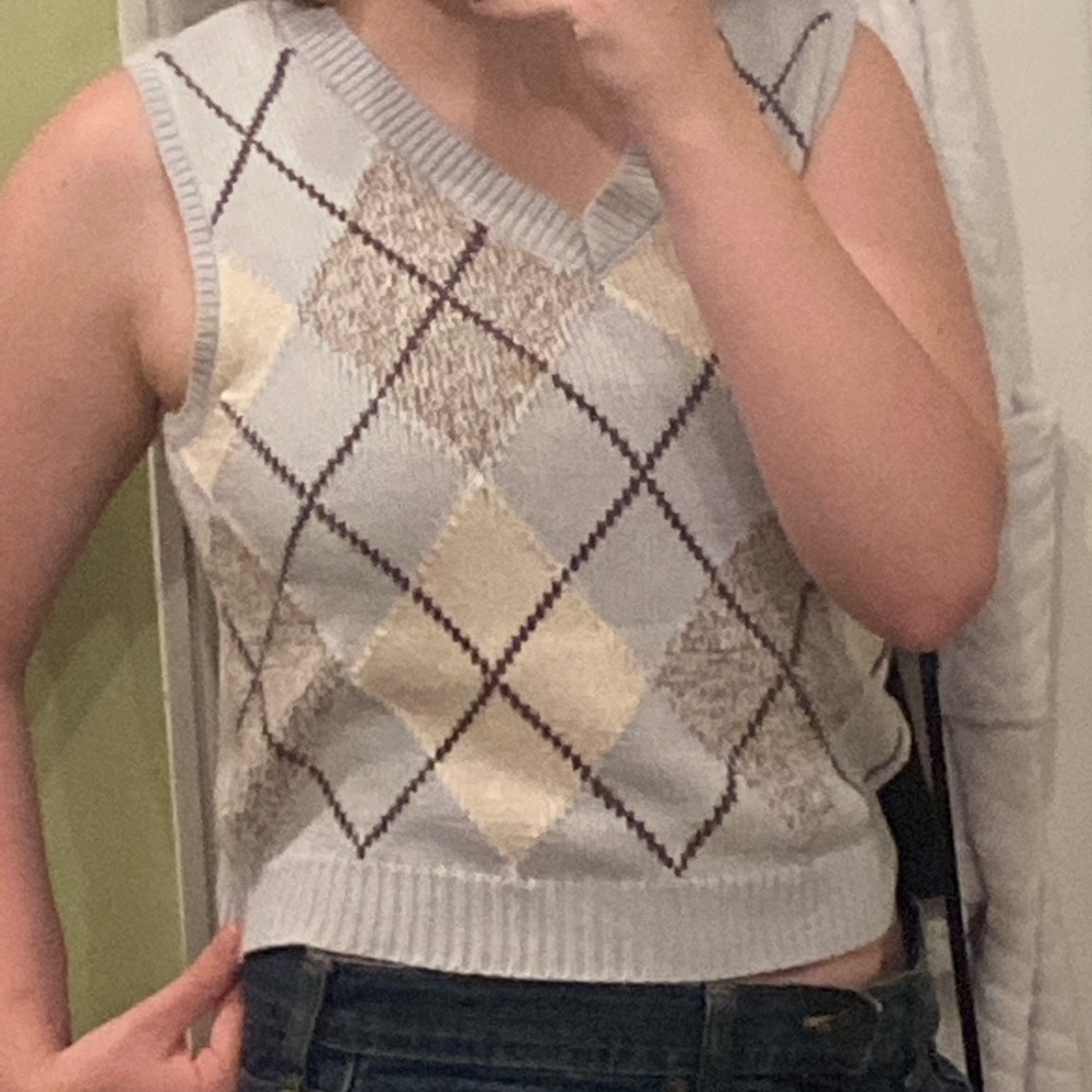 light blue plaid crop sweater tank with light grey